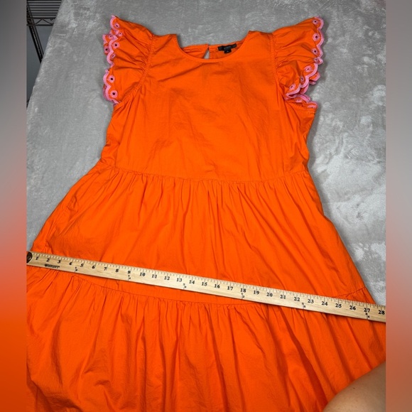 J.Crew Tiered Pink Embroidered Ruffle Sleeve 100% Cotton Orange Mini Dress Large - Picture 6 of 16